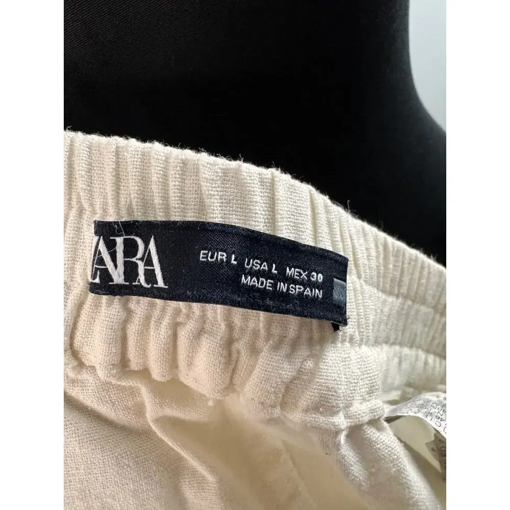 ZARA Ivory Linen Pants High-Rise Elastic Waistband Wide Leg 3505/939 Large L
